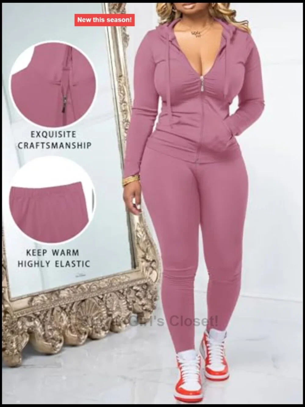 Two Piece Workout Set Bodycon Hoodie Jogger Tracksuit Zip Up Matching Set